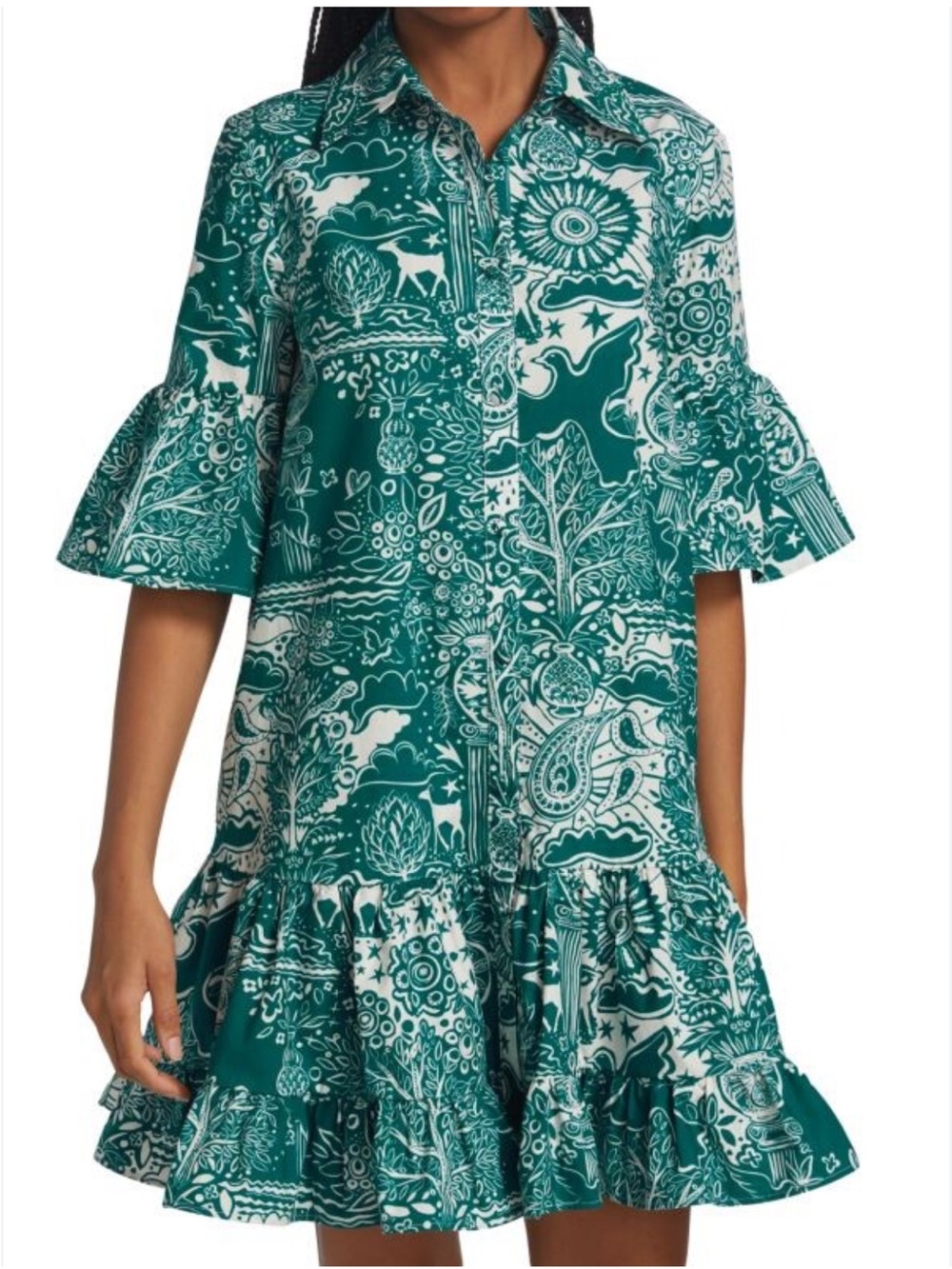 La DoubleJ Teal and White Abstract Print Ruffle Dress
